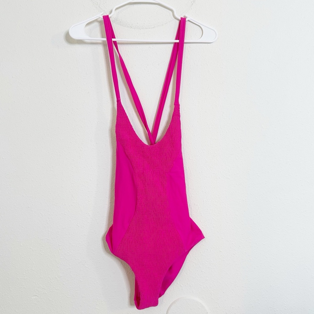 Tori Praver reached scrunch fuschia print lace back one piece swimsuit